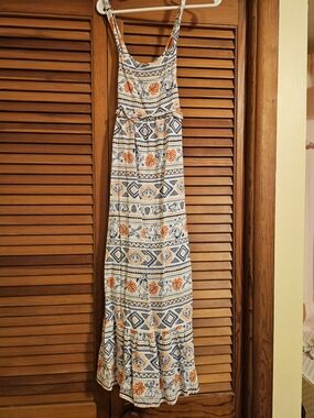 Bohemian Printed Maxi Sundress - White with Navy & Orange